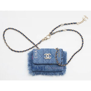 Chanel 22P Blue Denim Graffiti Black Pink CC Logo Frayed Credit Card Belt Bag